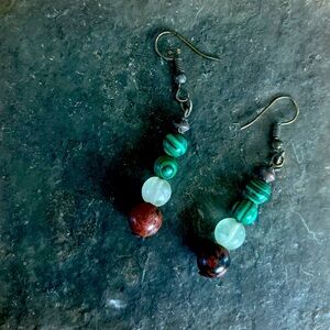 Malachite, quartz, jasper dangle boho earrings.